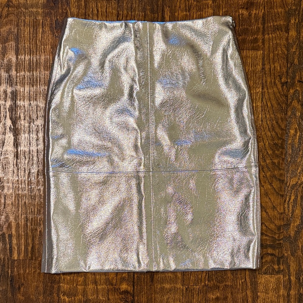 H&M Metallic Silver Faux Leather Mini Skirt High Waisted NWT Size 8